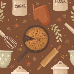 Cozy pattern with homemade cakes. Abstract background with kitchen utensils. Cooking breakfast, celebratory dinner. Whisk, rolling pin, pie in vintage dishes, bowl, containers with flour and sugar.