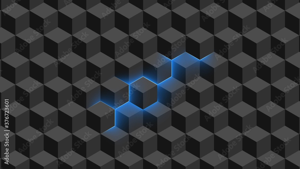 Poster abstract background - wall of isometric cubes in gray color with partially translucent neon light - 