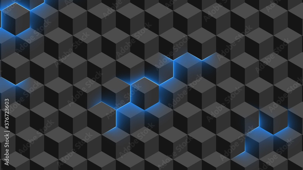 Poster abstract background - wall of isometric cubes in gray color with partially translucent neon light - 