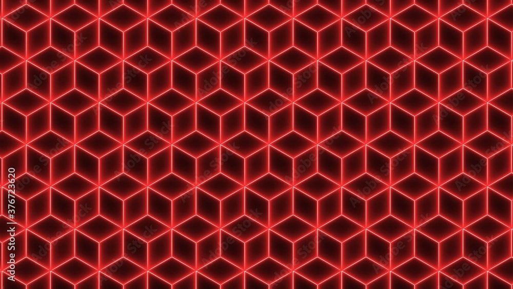 Poster abstract background - wall of isometric cubes in red color with translucent neon light on their edge