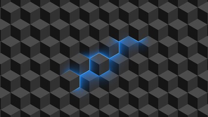 Abstract background - wall of isometric cubes in gray color with partially translucent neon light - 3D illustration
