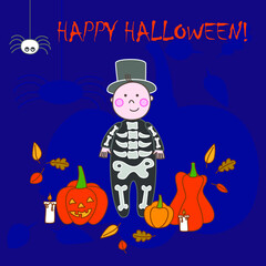 cute skeleton for Halloween, popular attributes of celebration, vector greeting card