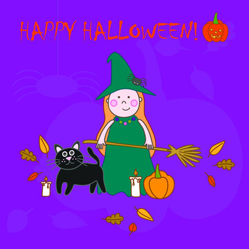 Halloween witch with pumpkin, black cat, spider and broom-the main attributes of the celebration
