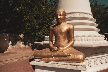 A golden statue of Buddha against the background of the stupa and the temple.