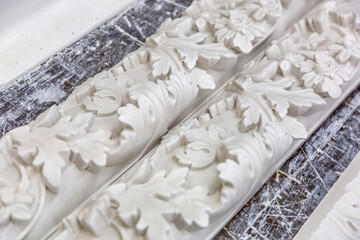 Products of the Dikart gypsum stucco moulding plant. Moscow, Russia