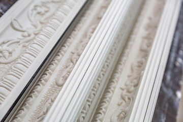 Products of the Dikart gypsum stucco moulding plant. Moscow, Russia