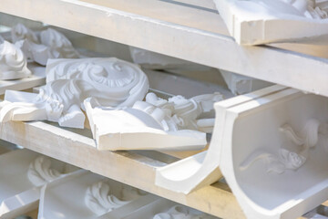 Products of the Dikart gypsum stucco moulding plant. Moscow, Russia