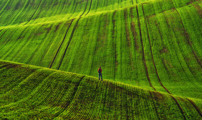 Tourist enjoys the rural landscape. Hills and farmland