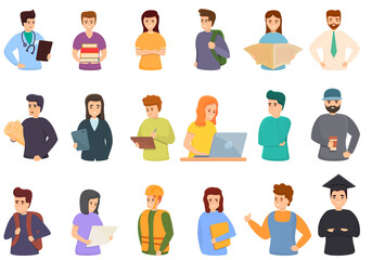 Job students icons set. Cartoon set of job students vector icons for web design