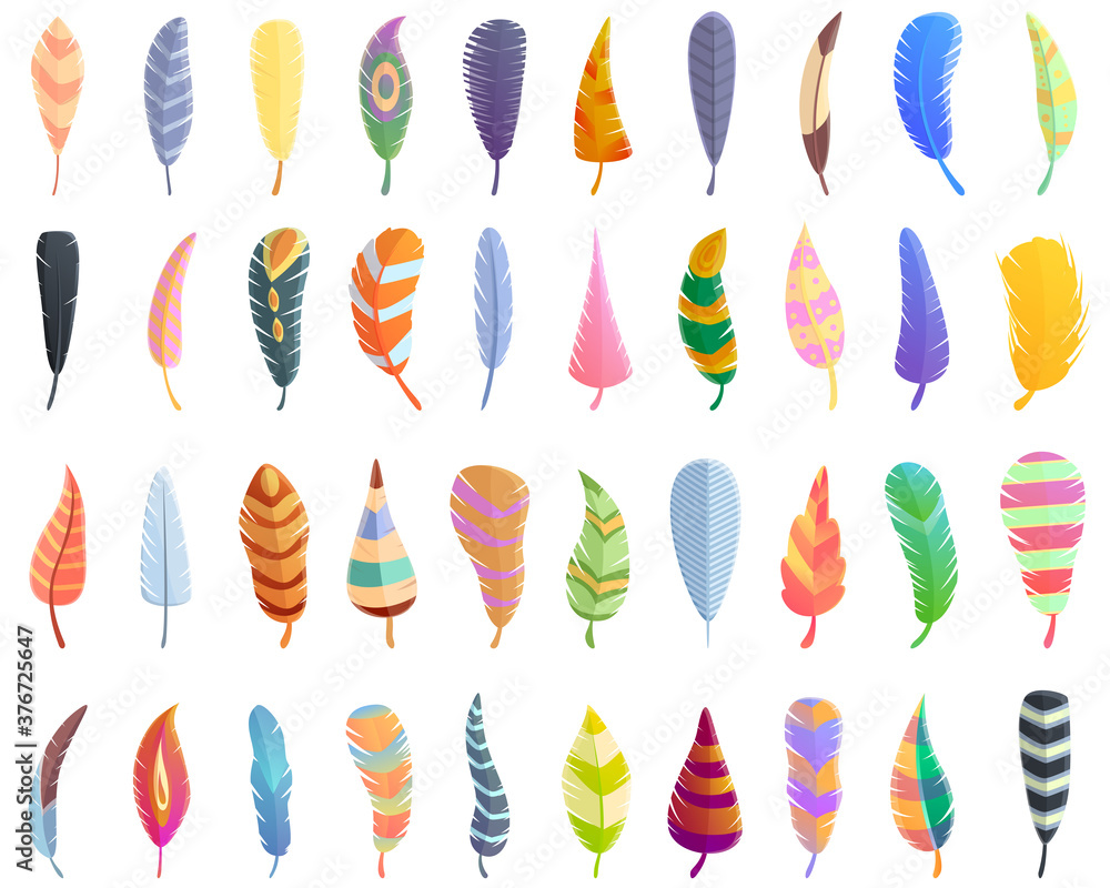 Poster feathers icons set. cartoon set of feathers vector icons for web design
