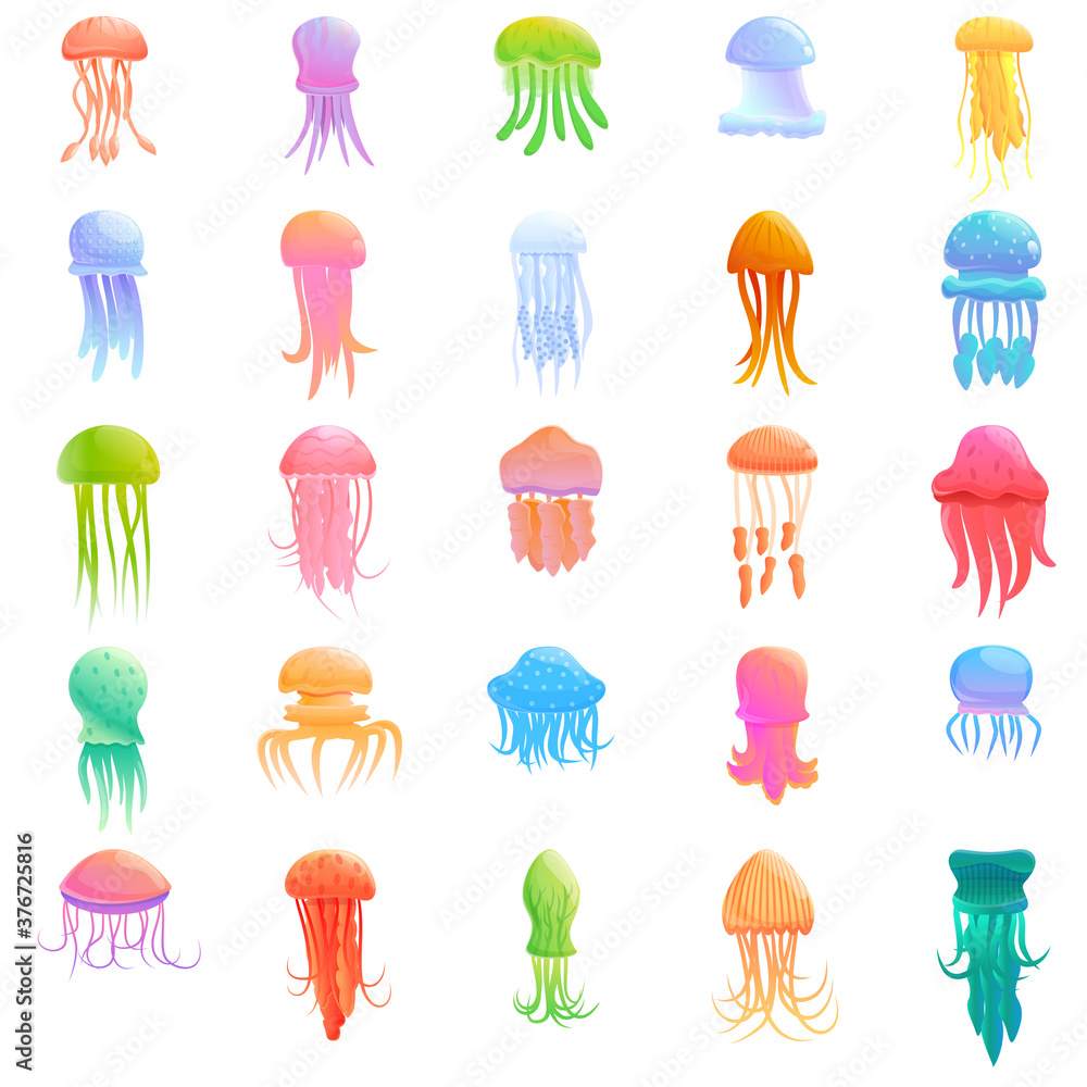 Poster jellyfish icons set. cartoon set of jellyfish vector icons for web design