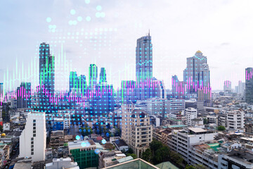 Financial stock chart hologram over panorama city view of Bangkok, business center in Asia. The concept of international transactions. Double exposure.