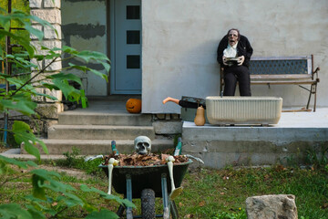 A creepy skeleton scarecrow sits in a wheelbarrow with fallen leaves. The terrace of the house is...