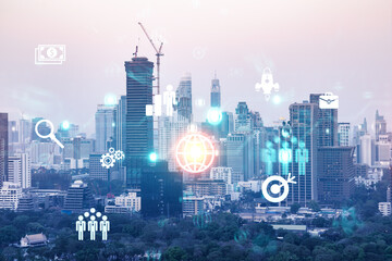Research and development hologram over panorama city view of Bangkok, hub of new technologies to optimize business in Asia. Concept of exceeding opportunities. Double exposure.