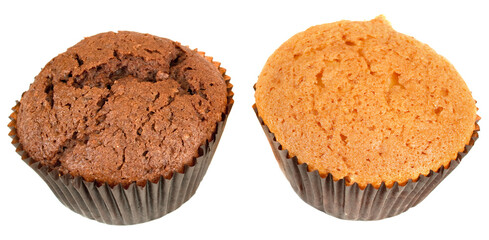 Freshly baked brown and yellow muffins or cupcakes. Sweet dessert with chocolate and vanilla flavors.