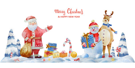 Watercolor greeting Christmas and new year illustration