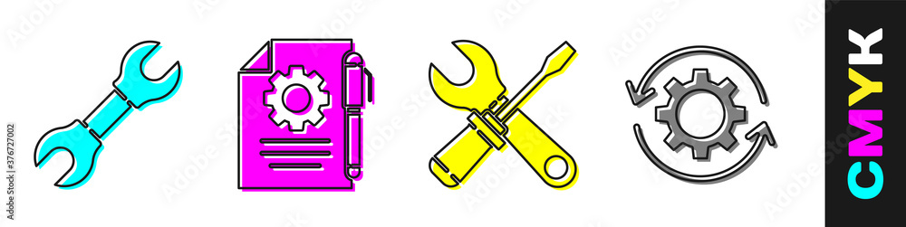 Poster set wrench spanner, document settings and pen, screwdriver and wrench spanner and gear and arrows as