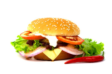 Chicken burger with tomato, onion, vegetables isolated on white background
