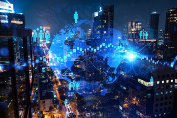 Glowing Social media icons on night panoramic city view of Bangkok, Asia. The concept of networking and establishing new connections between people and businesses. Double exposure.