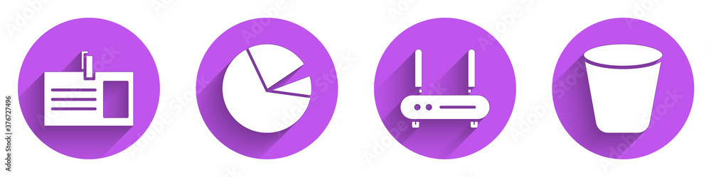 Poster set identification badge, pie chart infographic, router and wi-fi signal and trash can icon with lon