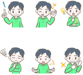 表情や仕草のセット、男の子、家族の息子、B