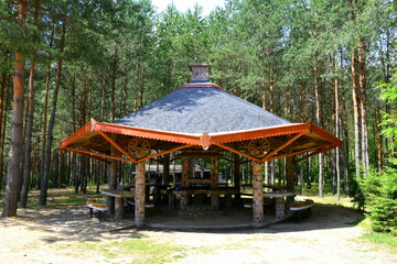 Close up on a big shack or shelter with an angled roof made out of tiles and wooden beams supported by stone pillars standing in the middle of a dense forest or moor in Poland 