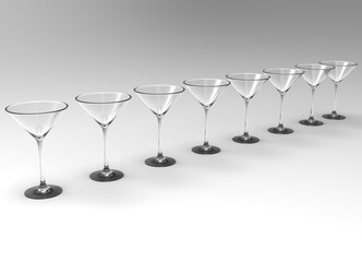 A 3d rendering of a row of cocktail glasses