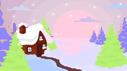 Winter landscape, a house in the snow in the setting sun