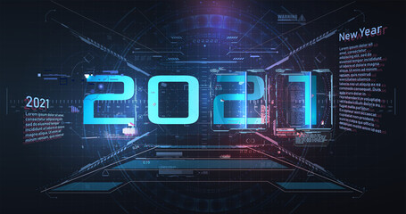 Modern futuristic technology template for 2021. New year 2021 in vr style HUD,GUI, UX. Futuristic background your design.Technology background. Digital data visualization. Hi-tech innovation. ar SPACE