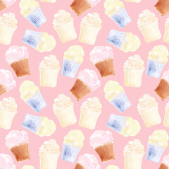 Watercolor seamless pattern with cooking tools and holiday sweets