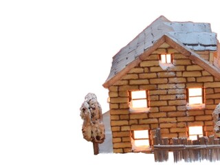 Nearby illustration from a small brick house with a Christmas atmosphere with a fence
