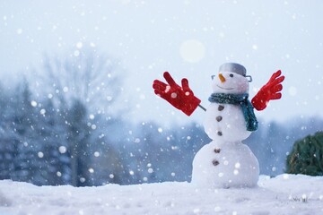  Lovely smiling snowman in the winter garden
