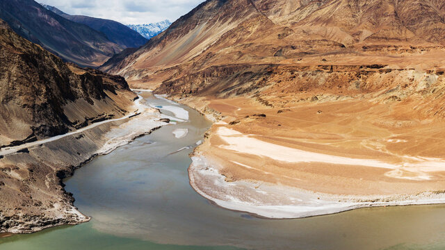 Confluence of Zanskar and Indus rivers at Leh, Ladakh, India.