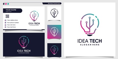 Tech logo with creative idea line art style and business card design template, technology, idea, smart, Premium Vector