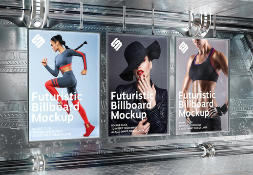 Billboards on Futuristic Underground Wall Mockup