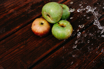 Splashes of clean water pour over freshly picked apples of the autumn harvest. Red and green apples lie on the mahogany wooden kitchen table, and water drips from the top.