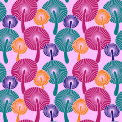 Bright neon mushrooms, seamless pattern. Fantastic hallucinogenic mushrooms. Vector illustration for poster, postcard, design