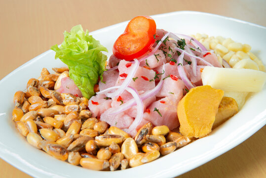 Delicious seafood ceviche from Peru with chili peppers, chickpeas.