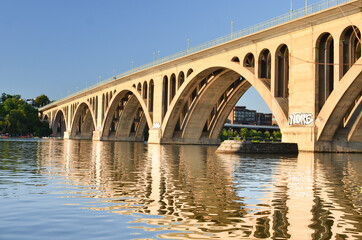 Francis Scott Key Memorial Bridge and its reflection over Potomac River in Washington D.C. United States of America
