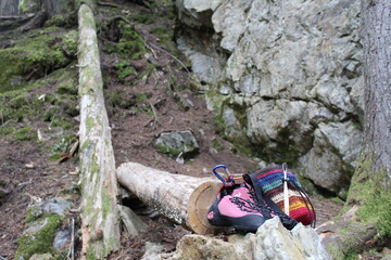 Climbing Shoes & Climbing Bag in the Forest 