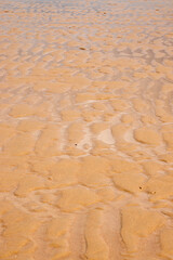 Water and patterns in the sand on a beach in Belgium. 