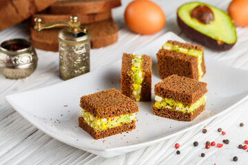Rye bread sandwiches with eggs and avocado. Delicious and healthy Breakfast for gourmets. Diet. Good nutrition. Selective focus
