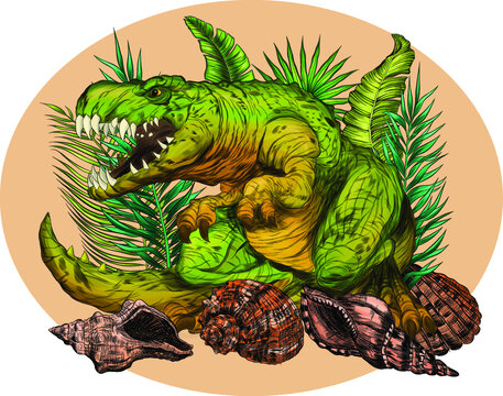 Tyrannosaurus ancient dinosaur with leaves vector illustration brown background