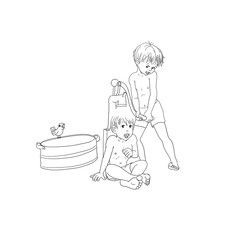 sommer Erfrischung Wasserpumpe Jungen Freunde Abkühlung Spiel Garten Natur Erlebnis ausprobieren genießen kühle Freude freuen barfuß naß spritzen Strahl Ferien Urlaub Kinder Ausmalbild Freizeit