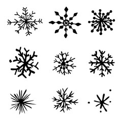 artistic snowflake sketches; grunge elements; hand-drawn snowflakes; vector set; christmas decorations