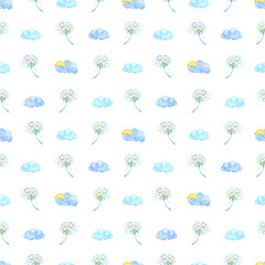 Dandelion and clouds watercolor seamless pattern on white background