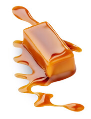 Soft caramel isolated on a white background. Salted melted toffee candy with caramel sauce, top view.