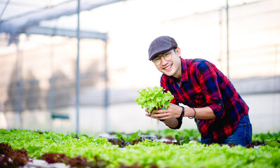 The young man and his salad garden And his happy smile