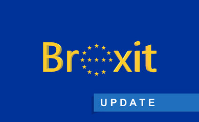 Updated news. Post Brexit. UK and EU Negotiation period in the transition. Poster of the separation of the United Kingdom from the European Union. Stars in the letter E.