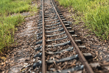 Obraz premium Old miniature train tracks at sunset.